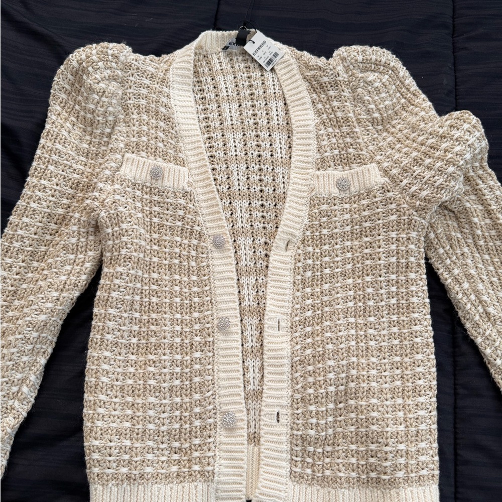 Express Cream Textured Open Cardigan